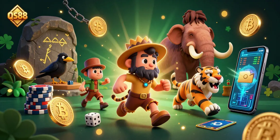 Experience the thrill of QS88 in a vibrant prehistoric casino scene with unique characters.