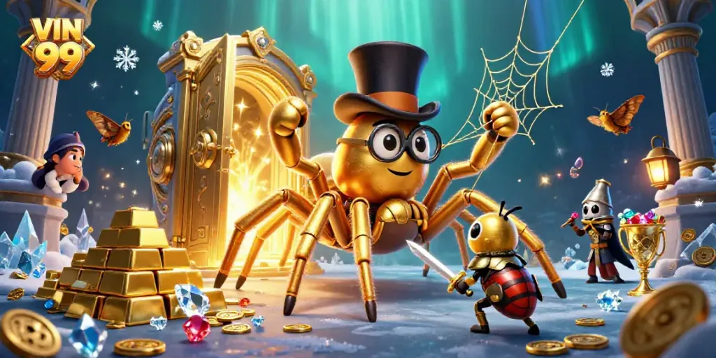 Experience an exciting scene at VIN 99, where a golden tarantula weaves riches amidst a vibrant casino atmosphere.