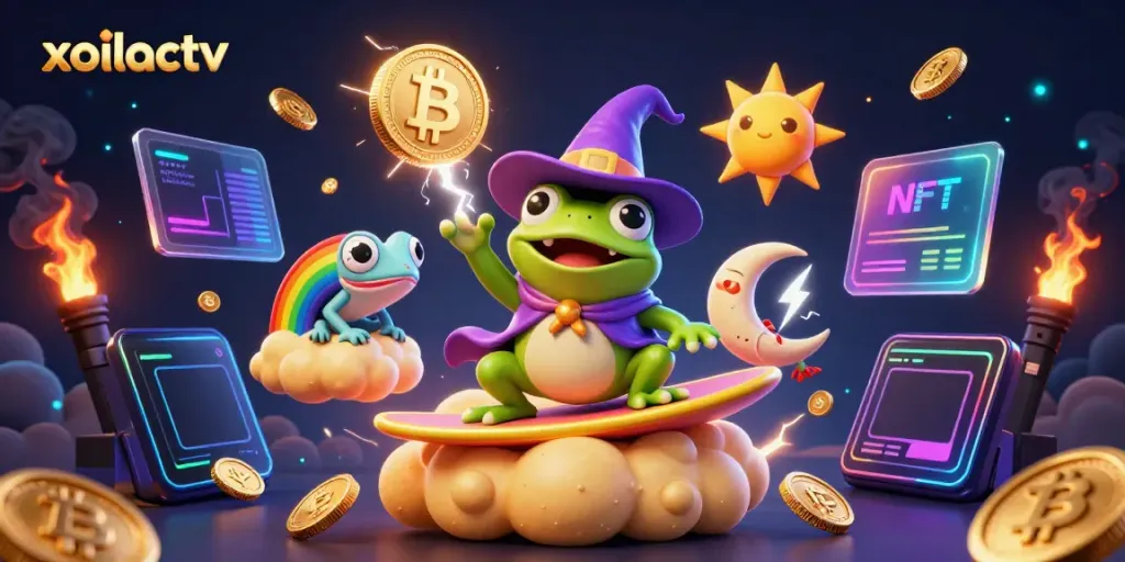 Win big with xoilactv as the weather wizard frog conjures golden coins in a vibrant 3D scene.