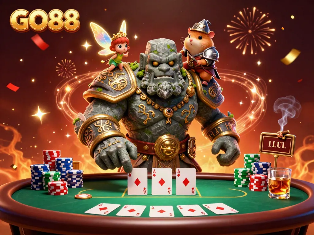 Experience the thrill of GO88 with a vibrant scene of a mystical stone golem and hamster knight at a poker table.