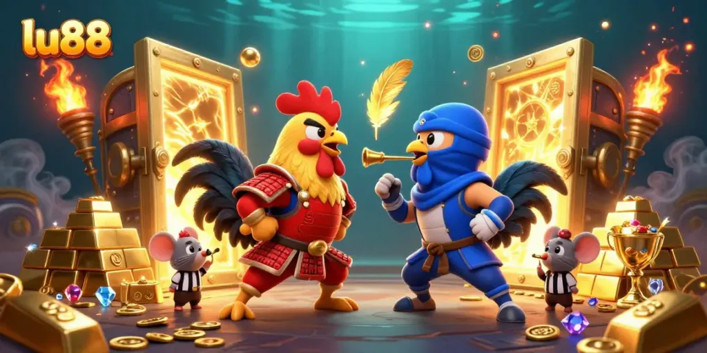 Experience the excitement of lu88 as fighting roosters engage in a thrilling showdown amidst gold treasure.