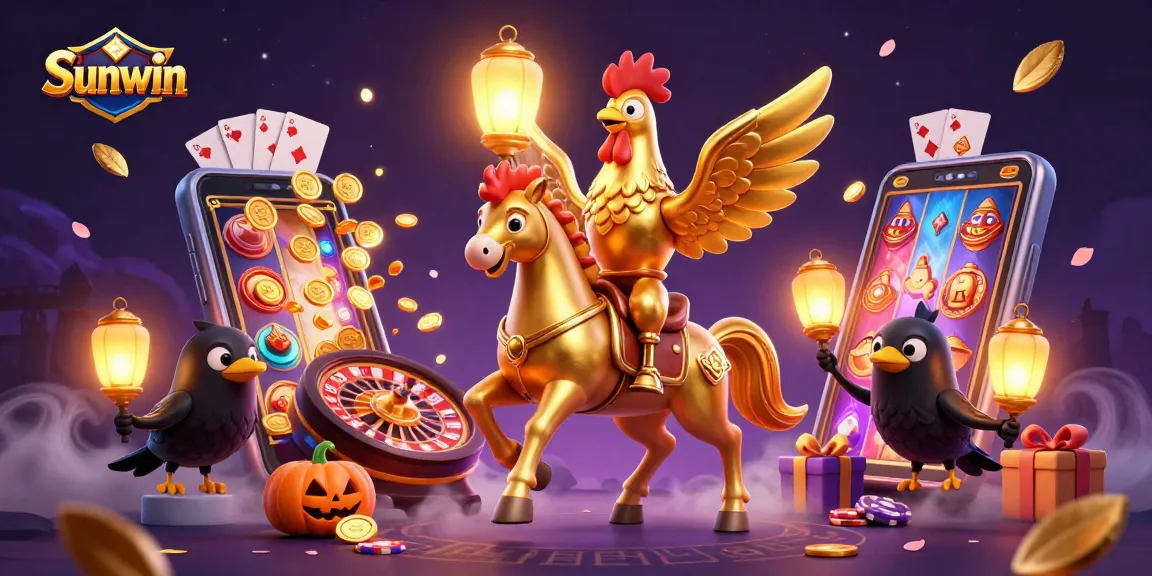 Experience thrilling gaming with Sunwin as a golden rooster rides through a vibrant casino scene.