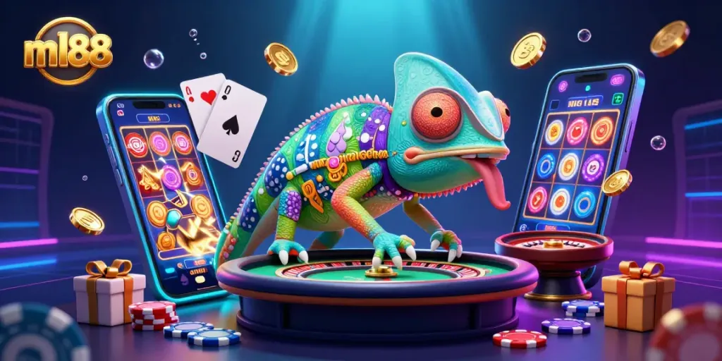 Experience the vibrant world of ml88 casino with a chameleon-themed illustration showcasing gambling excitement.
