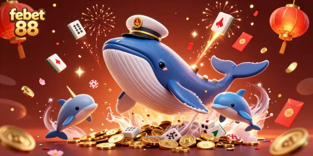Experience the excitement of febet 88 with a cartoon whale in a golden captain coat, surrounded by treasures and playful dolphins.