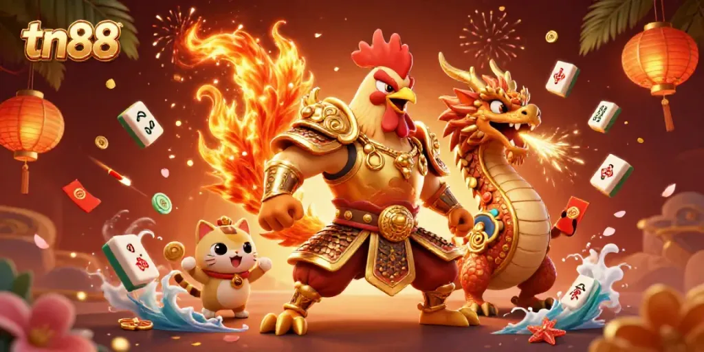 Engage in thrilling action with tn88 through an epic 3D battle scene featuring a rooster warrior and dragon hatchling.
