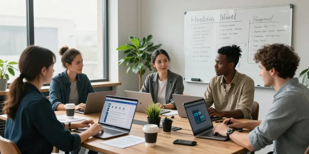 Collaborative team discussing UK web hosting solutions in a modern office.