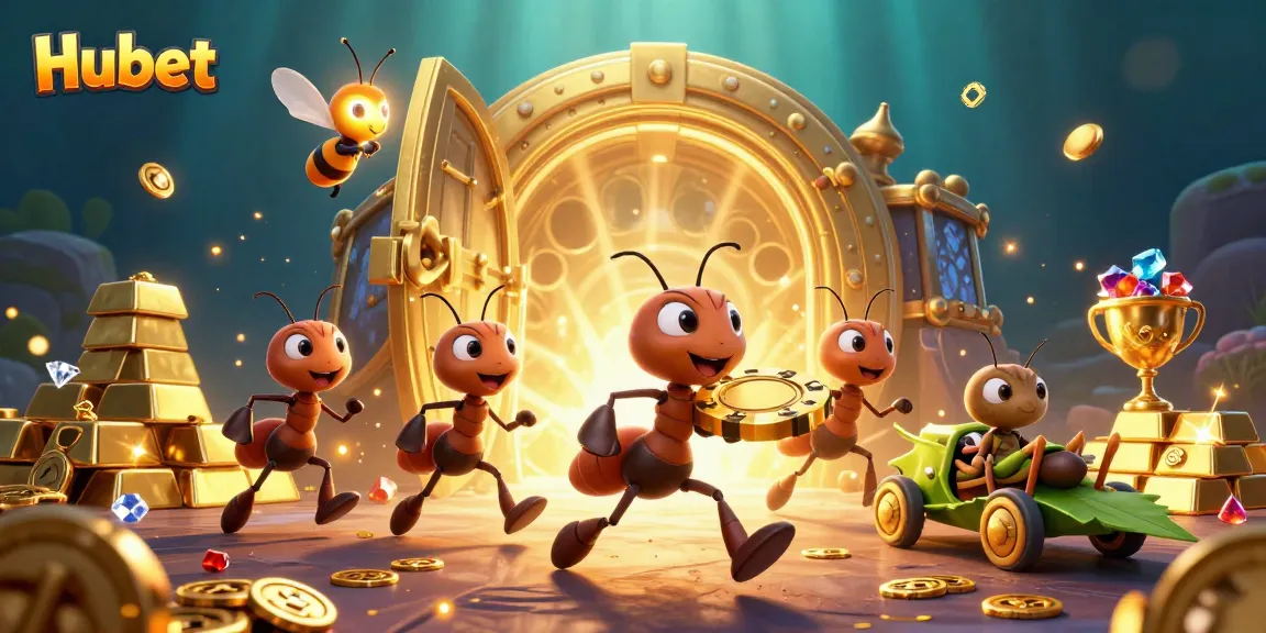 Hubet offers an exciting heist adventure with ants carrying a giant poker chip in a vibrant casino scene.