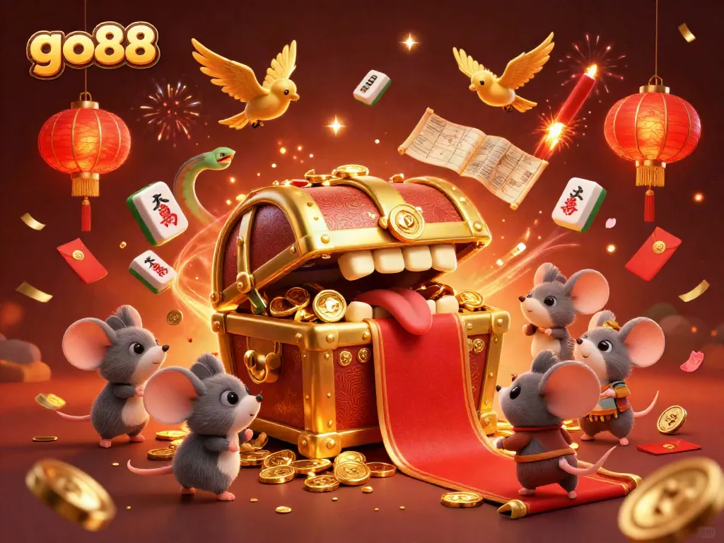 Engage in exciting gameplay at go88, featuring a vibrant treasure chest and festive game elements.