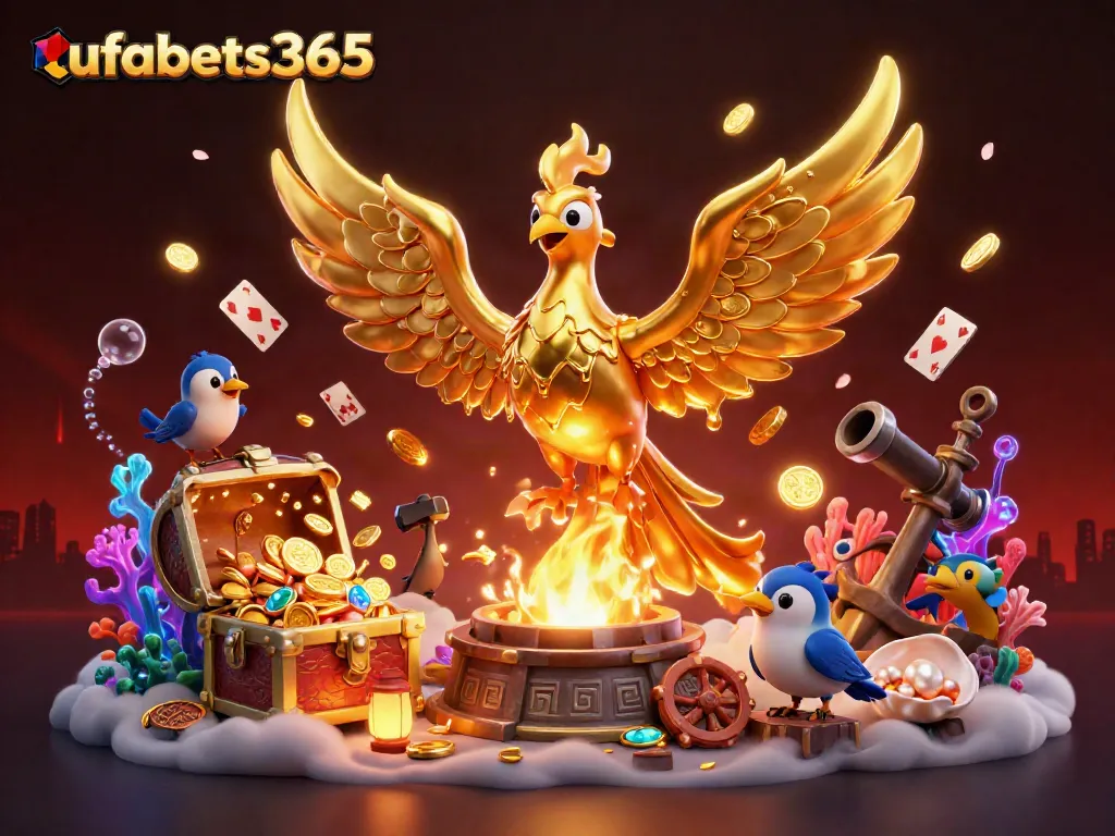 Experience the thrill of ufabets365 with golden phoenix and overflowing treasure in this dynamic casino scene.
