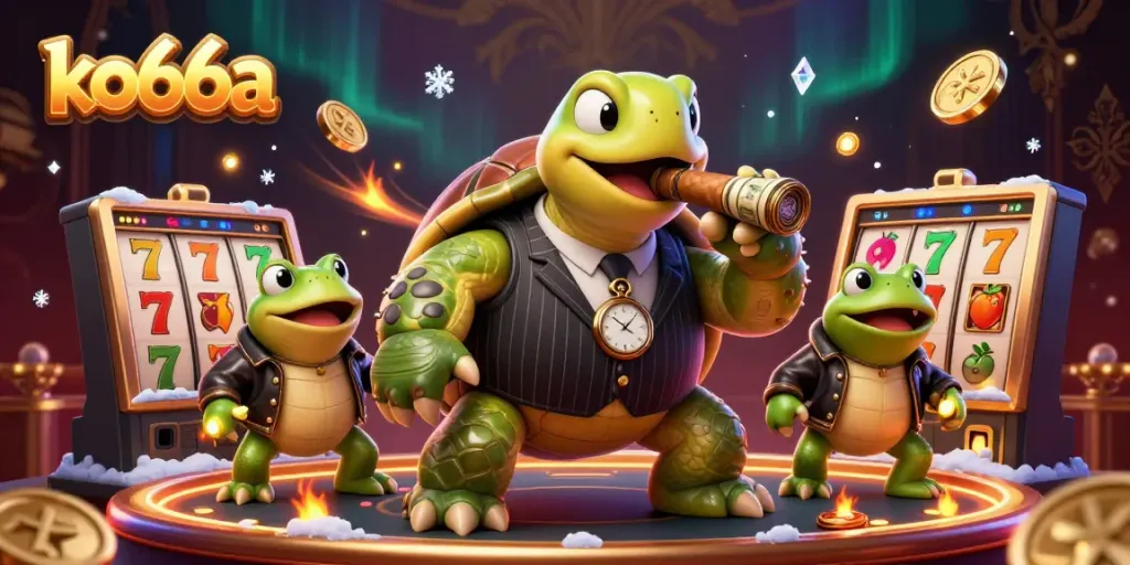 Experience immersive gameplay at ko66a with a vibrant 3D casino scene featuring charming characters and dynamic slot elements.