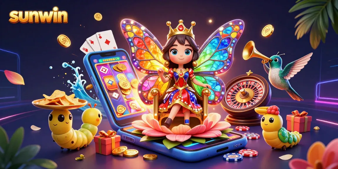 Win big at sunwin with a captivating 3D casino scene featuring a butterfly queen and vibrant game elements.