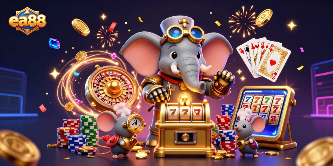 Spin big on ea88 with a steampunk elephant and golden slot machine amidst dazzling casino elements.