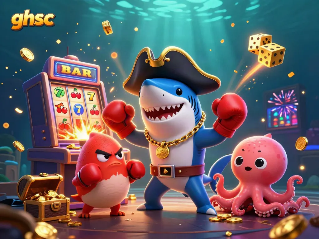 A vibrant 3D illustration featuring a playful pirate shark and friends celebrating at a ghsc-themed casino with exploding jackpots and coins.