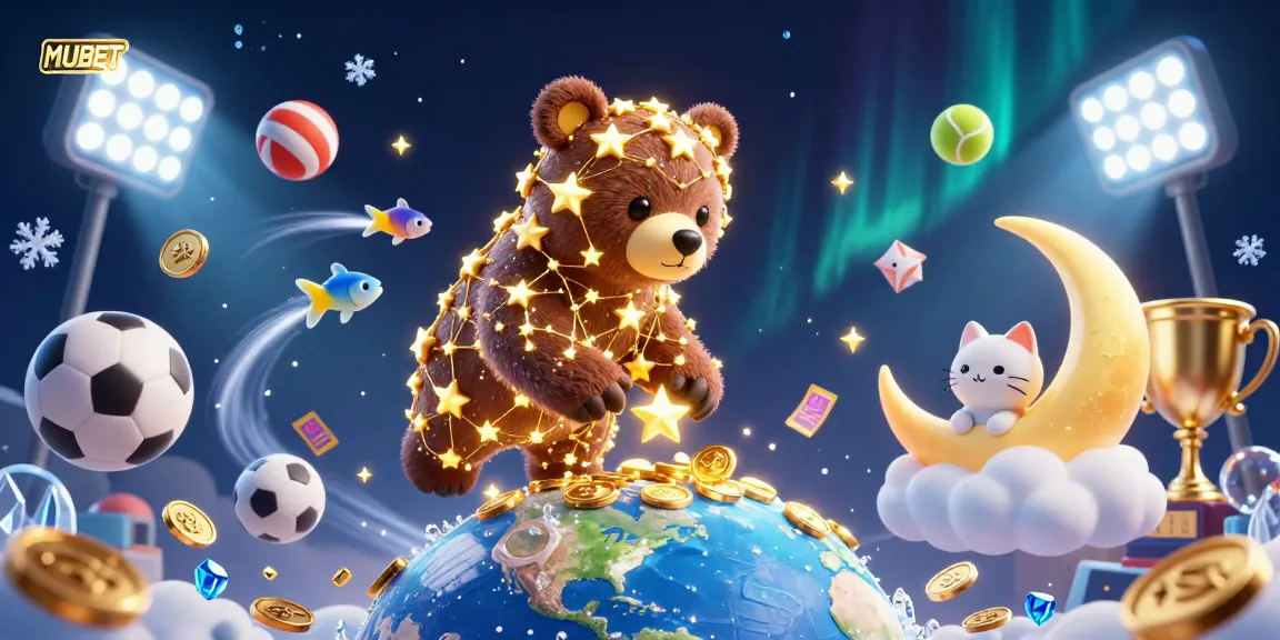 MUBET sports betting scene with a constellation bear and coins amidst vibrant casino elements