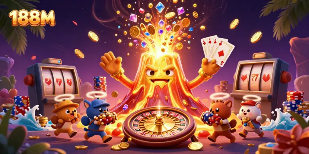 Experience thrilling wins at 188 M with golden treasures erupting from a volcano, surrounded by vibrant casino games.