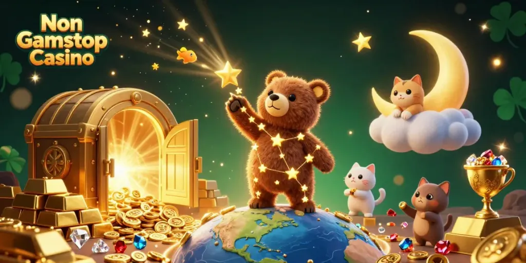 Experience the vibrant allure of Non Gamstop Casino with treasures and playful celestial characters.