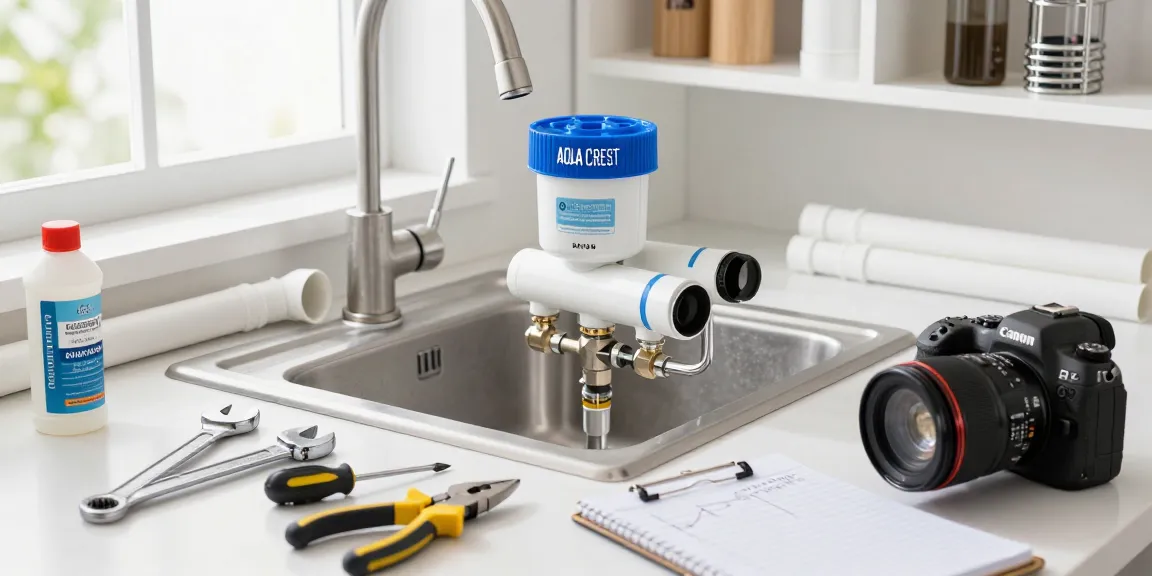 AQUA CREST AP431 AP430SS Whole House Scale Inhibitor installation scene highlighting DIY home improvement efforts.