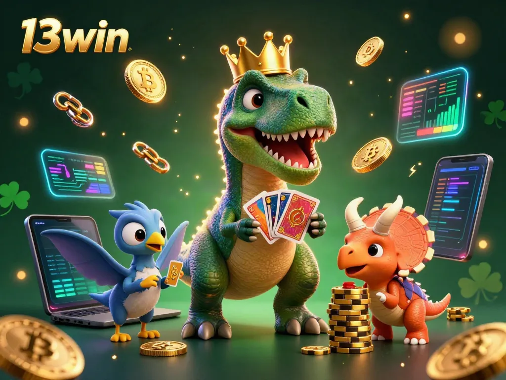 Engage with 13win's dynamic casino scene featuring a T-Rex shuffling cards and a triceratops stacking chips amidst digital coins.