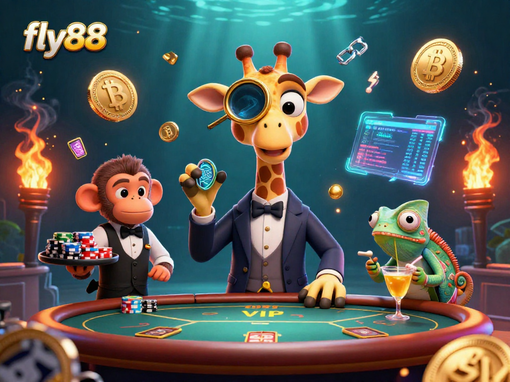 Experience the thrill of fly88 with a lively 3D scene featuring a giraffe at a poker table amidst glowing cryptocurrencies.