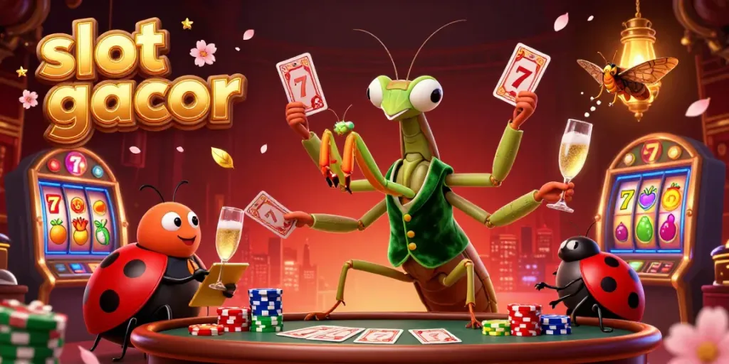 Engage with top slot gacor strategies in this vibrant casino scene featuring charismatic characters.