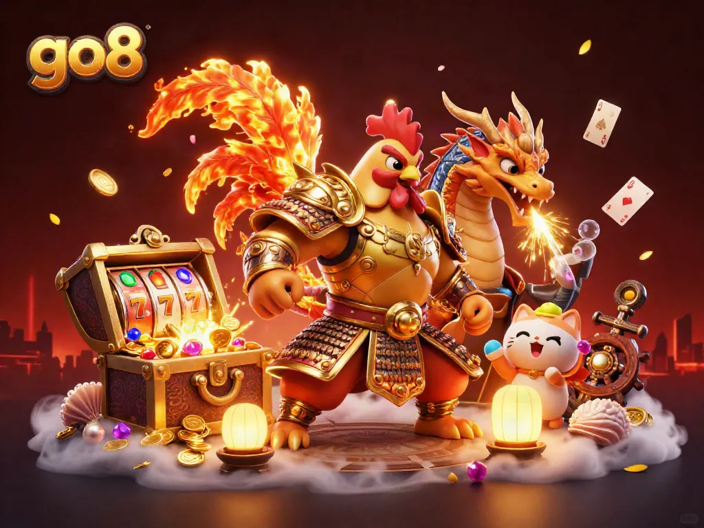 Go8 casino warriors celebrating a jackpot with vibrant treasures and dynamic game elements.