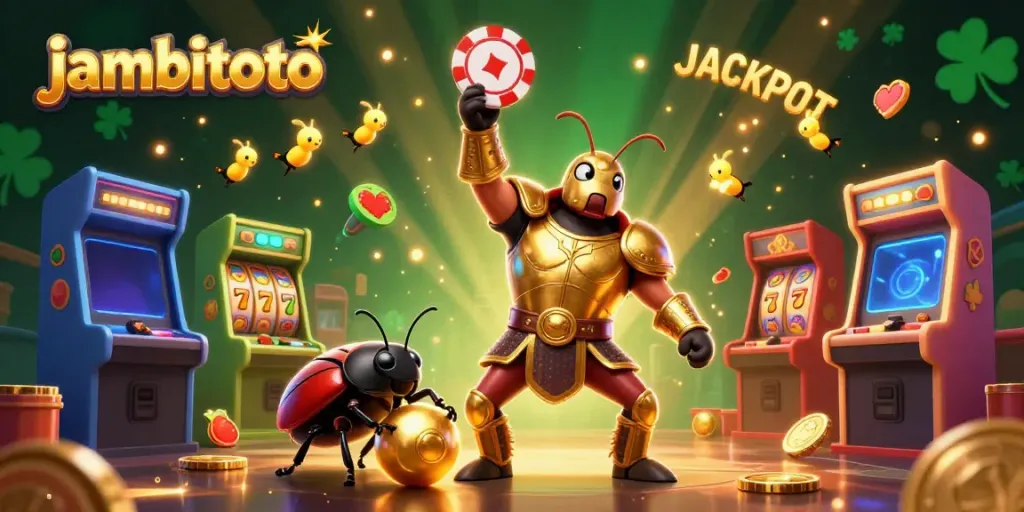 Experience the excitement of jambitoto with a victorious beetle hero lifting a poker chip amidst vibrant casino elements.