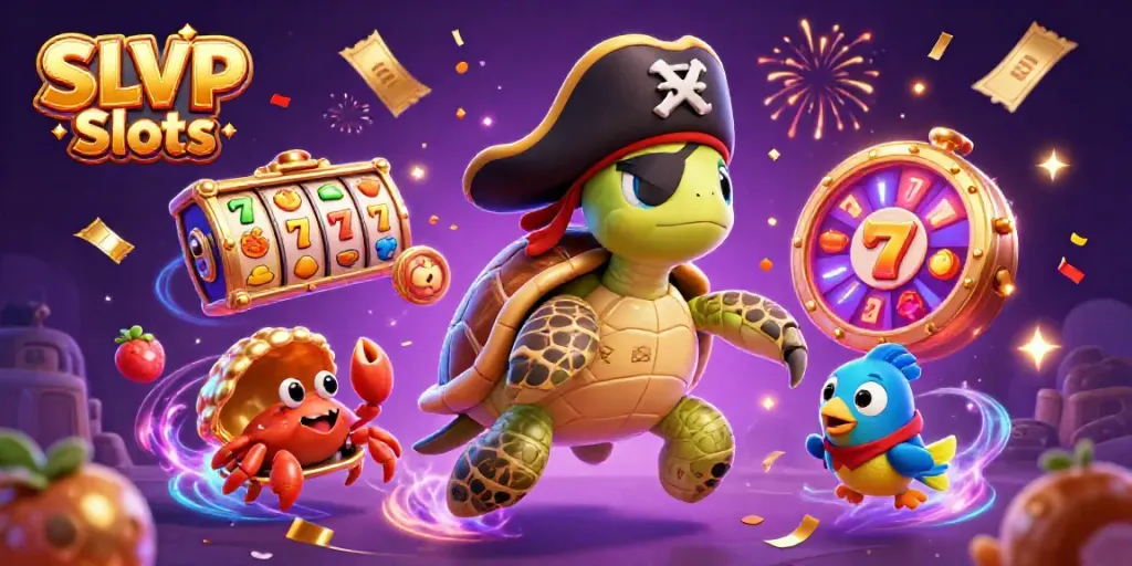 Engage with SLVIP Slots through a vibrant 3D scene featuring a pirate turtle and lively symbols.