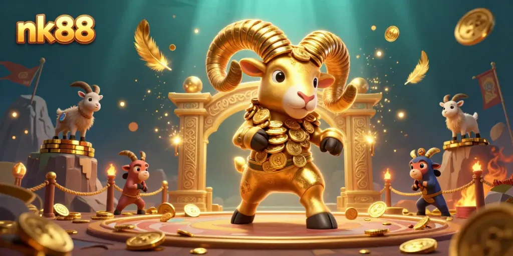 nk88 gaming adventure with a charging golden ram and casino elements in vibrant colors