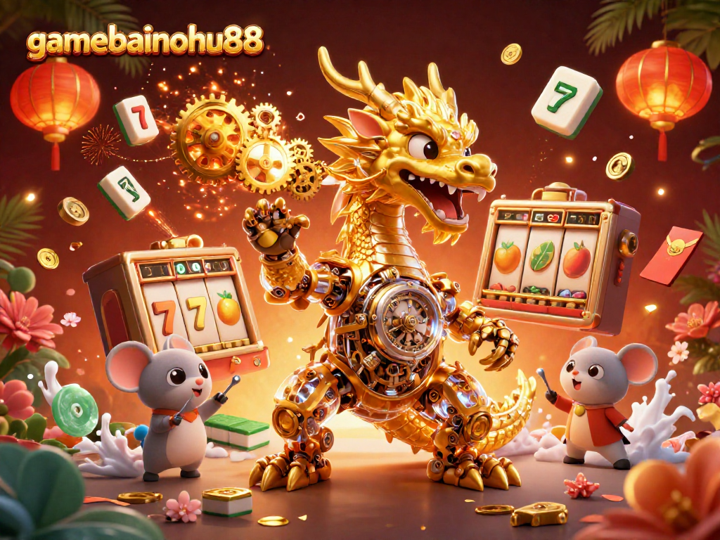 Play gamebainohu88 among magical casino elements with a golden dragon and mouse engineer.