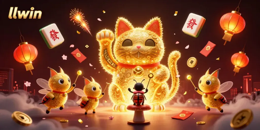 Experience the thrill of llwin with a dynamic 3D illustration of a lucky cat in a vibrant casino atmosphere.