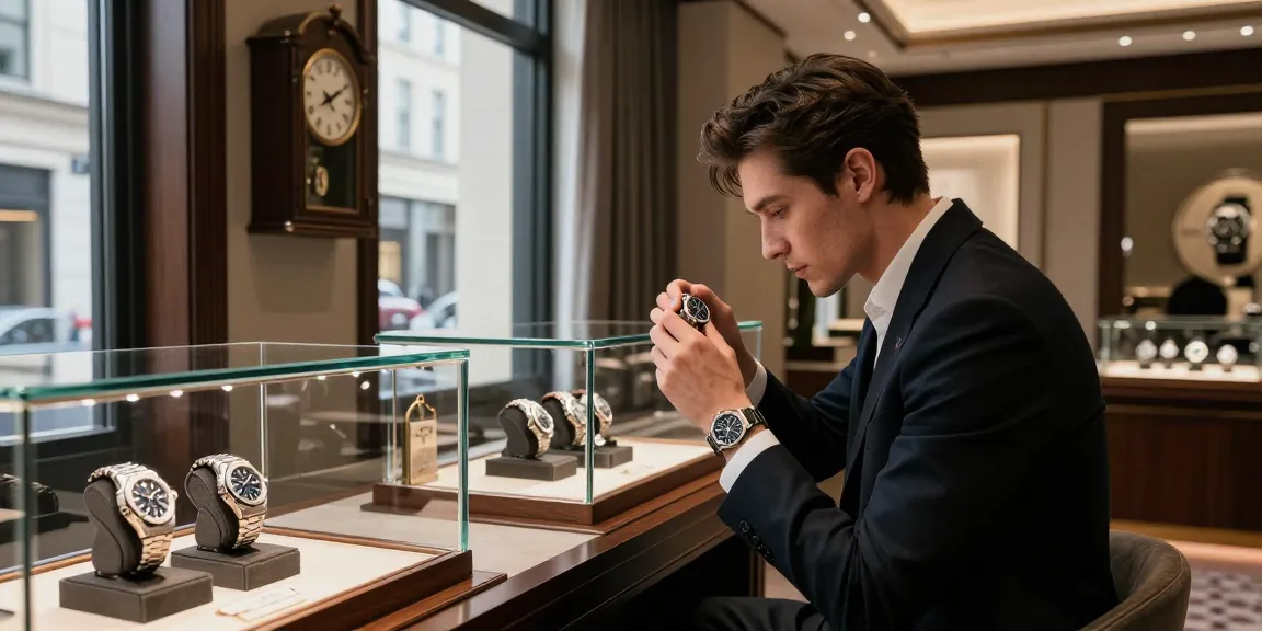 Stylish individual examining premium replica watches in a luxury boutique, showcasing elegance and sophistication.