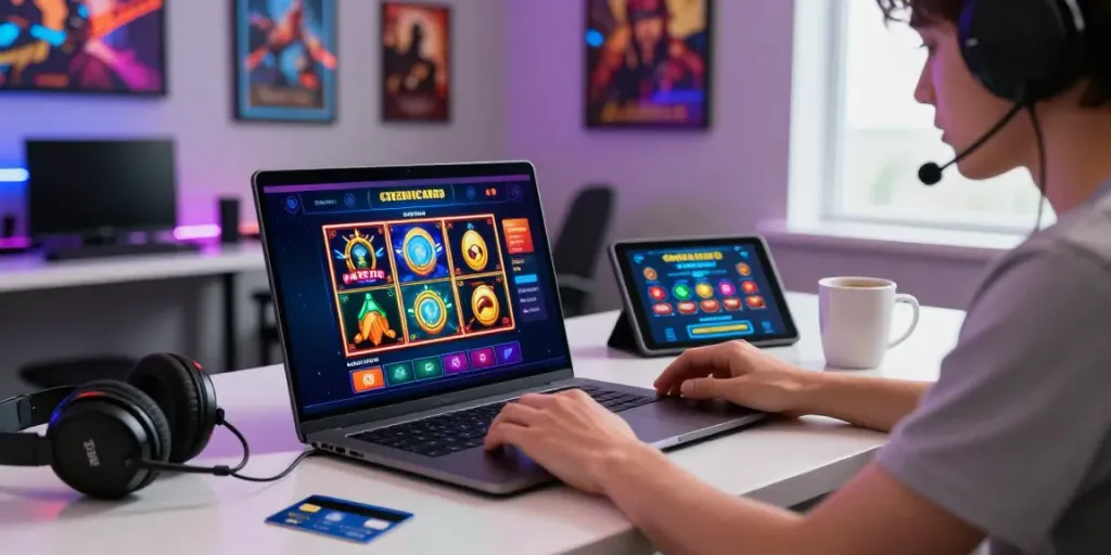 Player exploring a credit card casino interface on a laptop with vibrant gaming elements.