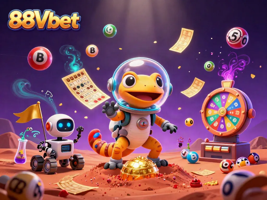 Experience the thrilling adventure of 88Vbet with a Martian gecko discovering a golden casino.