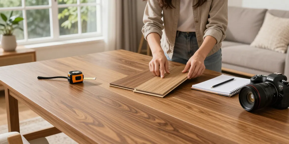 Laminate flooring experts assessing wood samples in a cozy living room setting.
