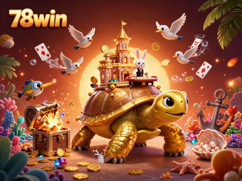 Experience thrilling underwater excitement with 78win's vibrant casino-themed illustration featuring animated characters and gold coins.