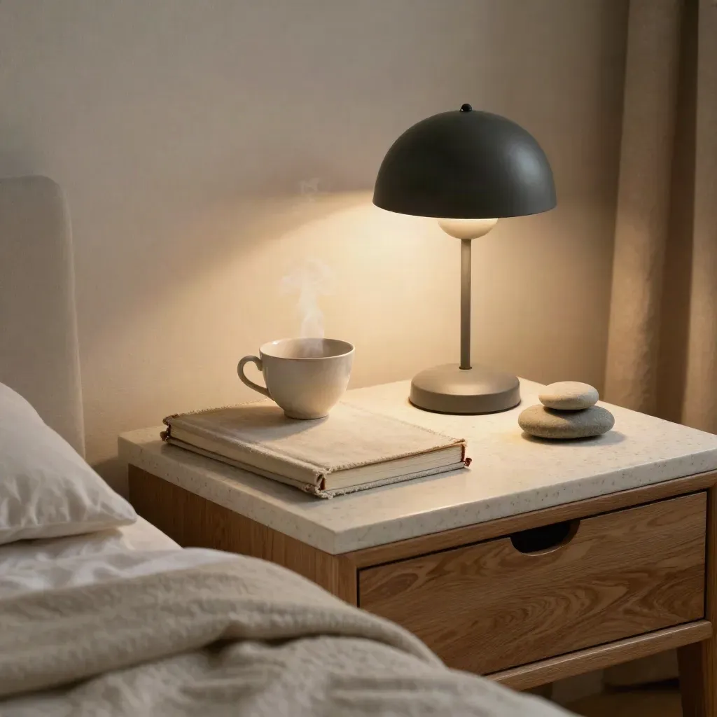 Bedside stress-care setup with journal, tea, lamp and stacked stones in warm haze.