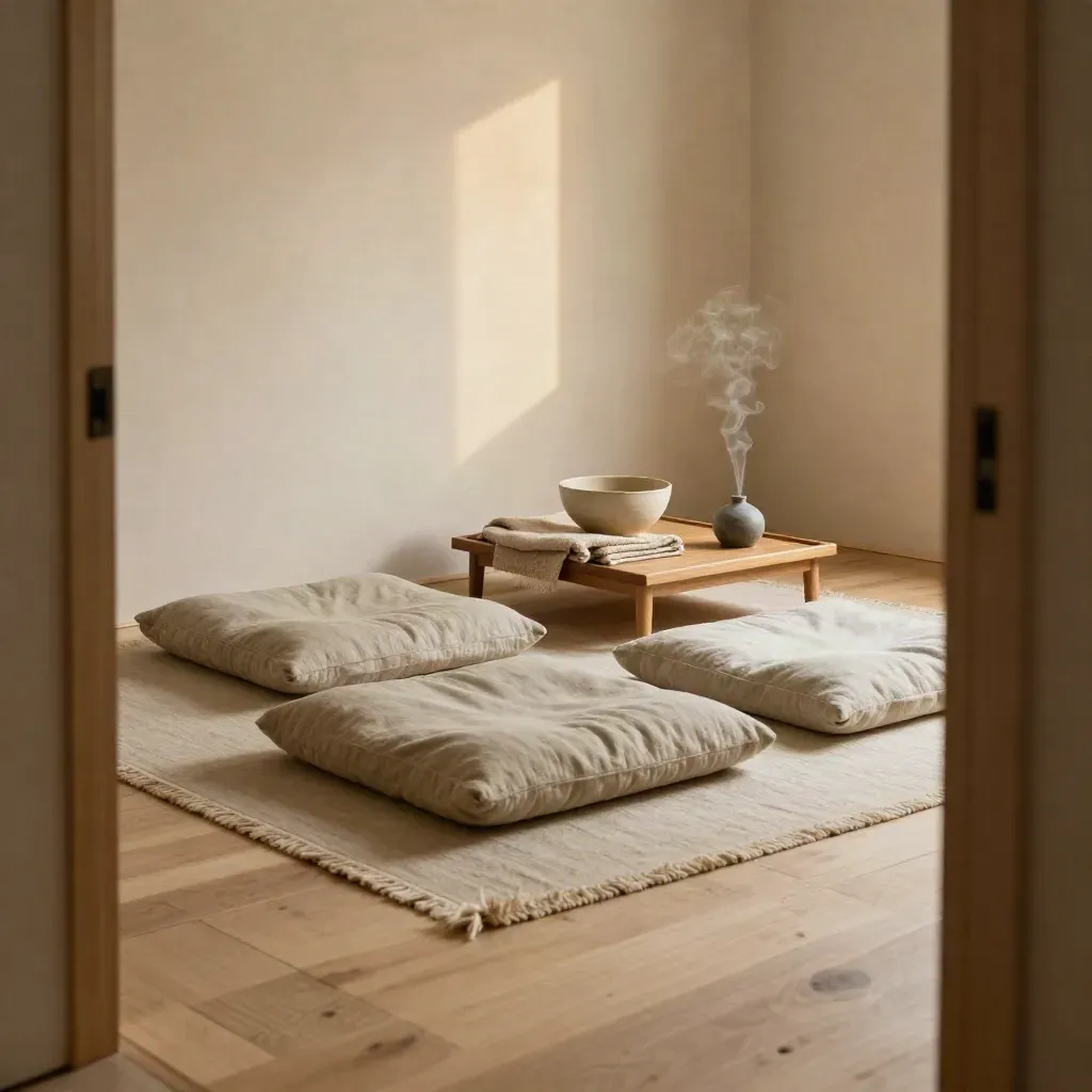 Warm meditation nook with cushions, bowl, blanket and diffuser in a converted studio at dusk.