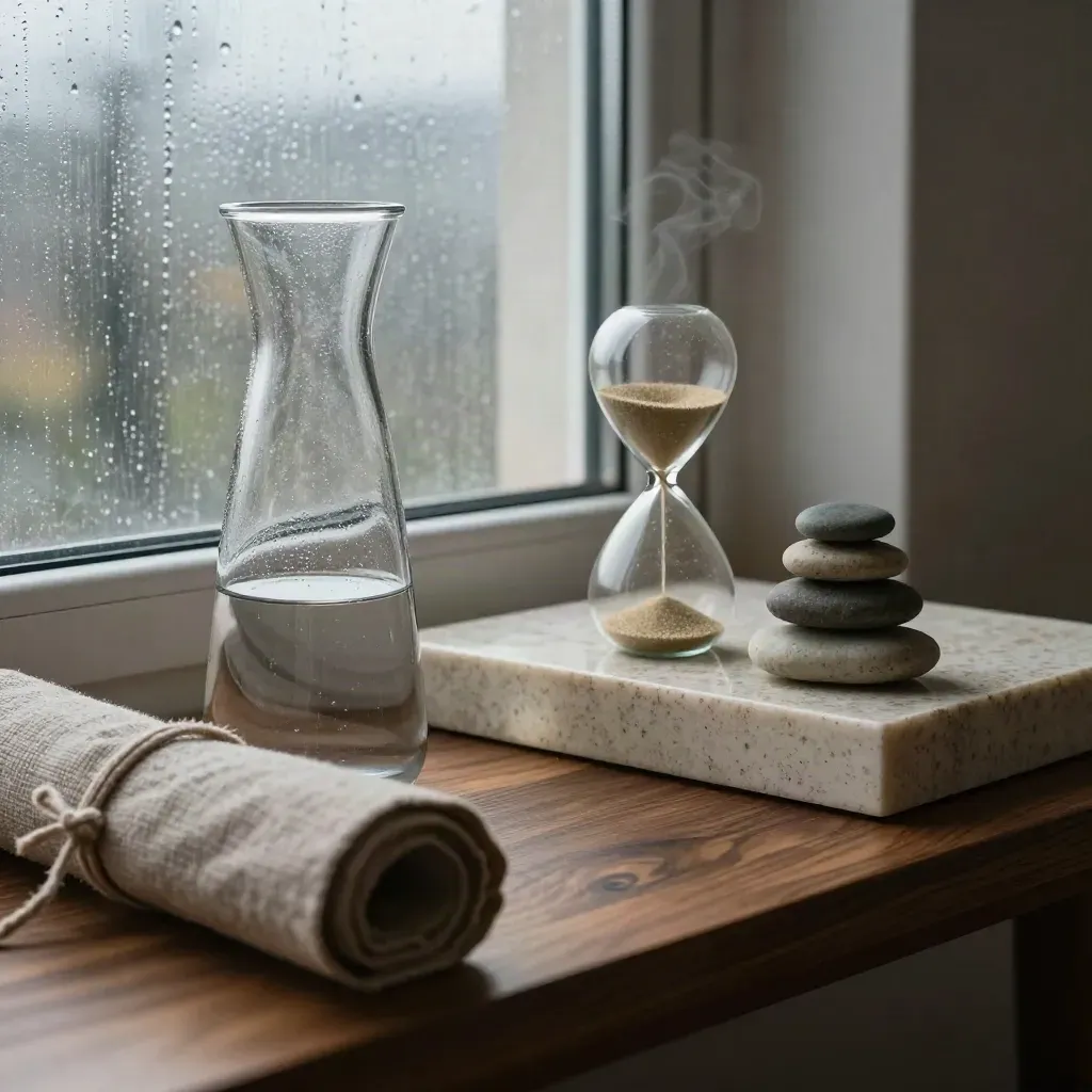 Condensation on a glass carafe, timer, linen mat and stacked stones by a window seat.