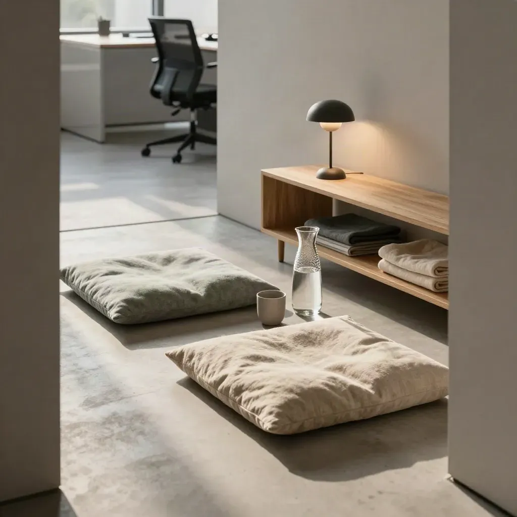 Empty office reset zone with cushions, water carafe, lamp and tidy shelf in soft sunlight.