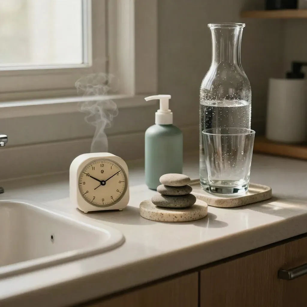 Calm staff-room reset station with timer, stones, hand cream and water on a counter.