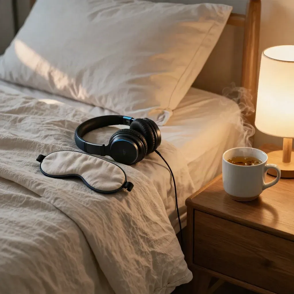 Headphones, sleep mask, mug and lamp beside a made bed in a quiet pre-sleep bedroom.