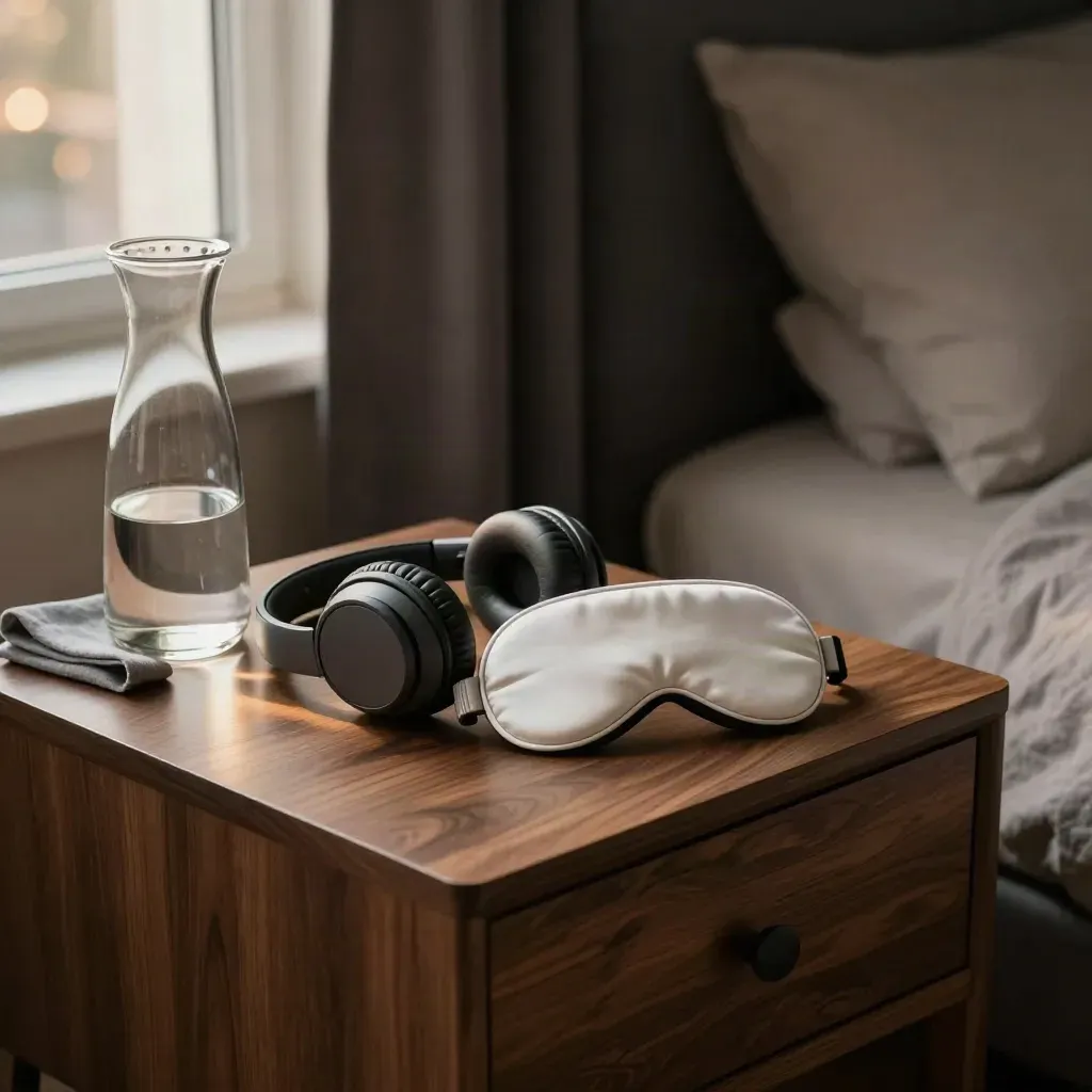 Headphones, eye mask, and carafe on a bedside table by drawn blackout curtains at night.