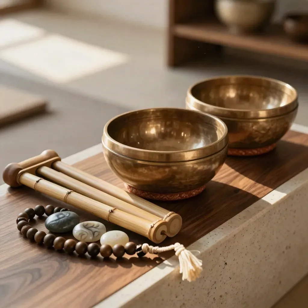 Macro still life of bamboo chime, singing bowl rim, worry stones and mala on dark wood.