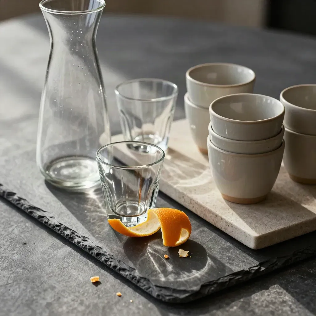 Glass carafe, small glasses, citrus peel and stacked cups on a stone tray