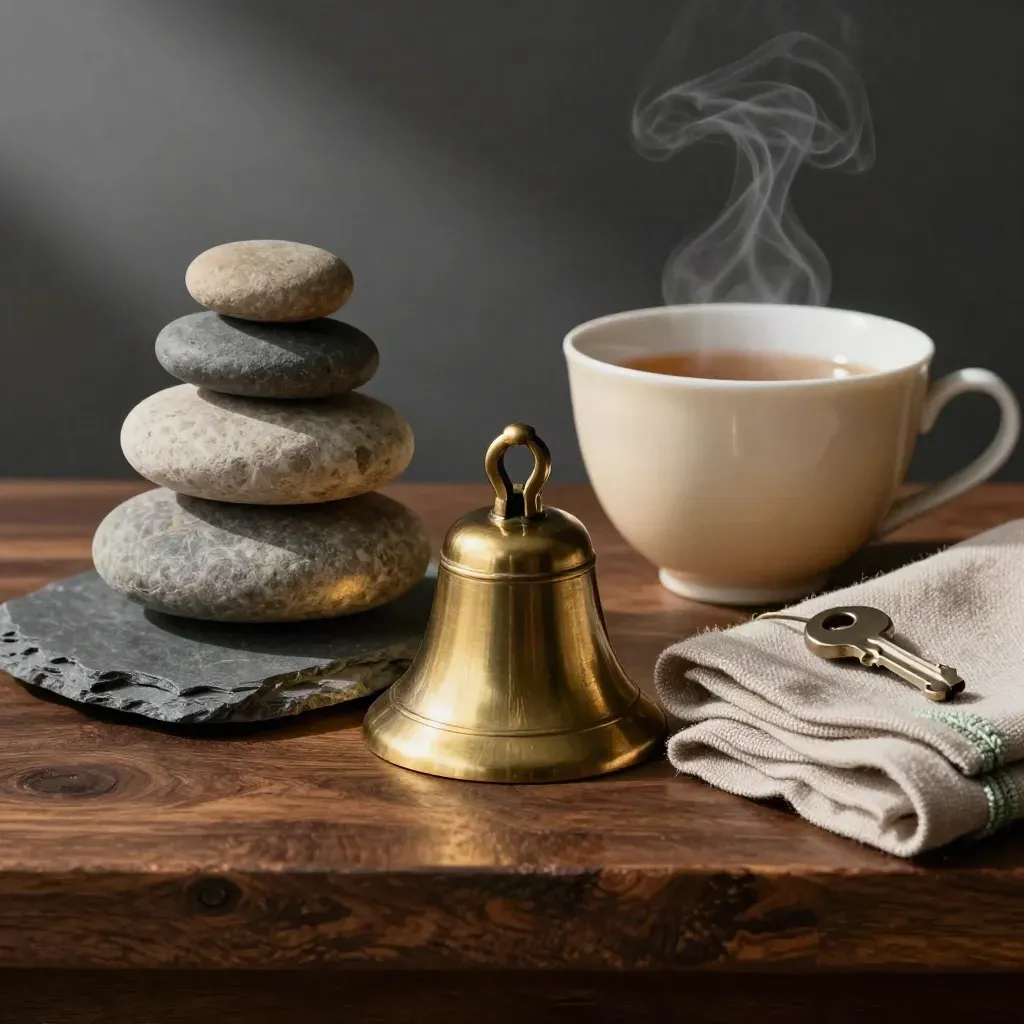 Brass bell, stacked stones, tea cup and folded linen on slate in dramatic side light.