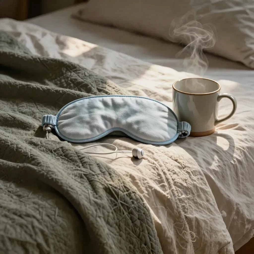 Sleep mask, weighted blanket, steaming mug rim and earphones in a soft macro still life.