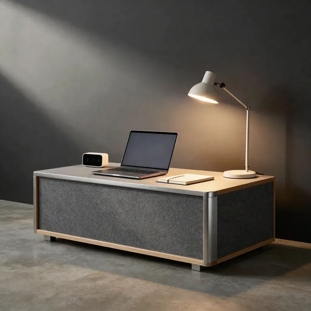 Compact focus pod with two closed laptops, timer, notebook and lamp in a quiet remote-work room.