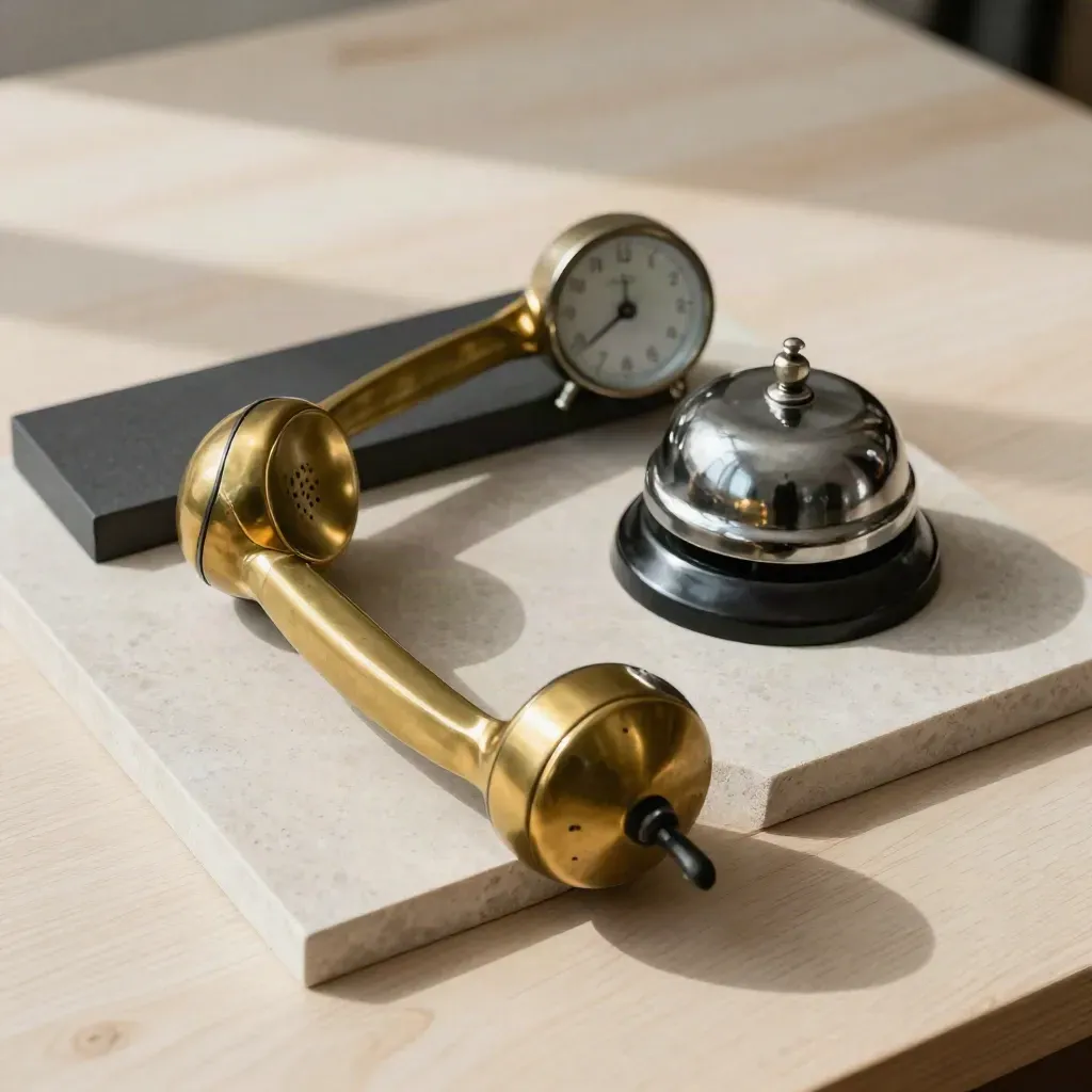 Brass handset, desk bell and appointment clock on a pale stone tray