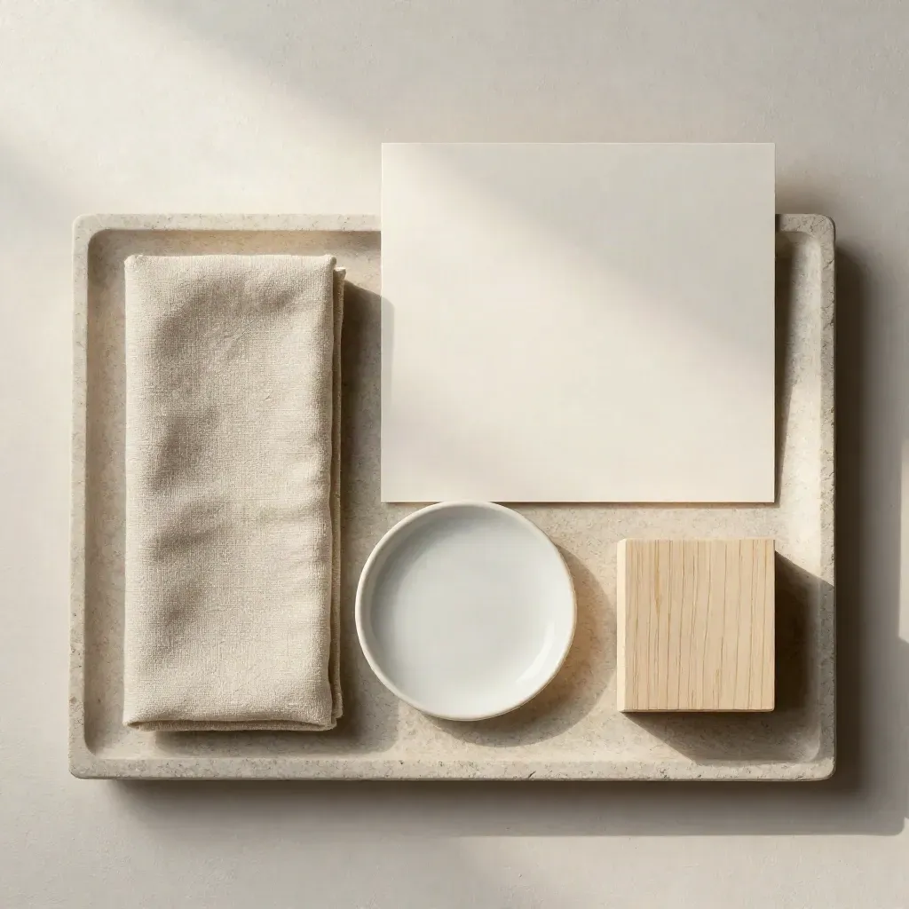 Top-down tray still life of linen, ceramic and wood plan tokens on stone.