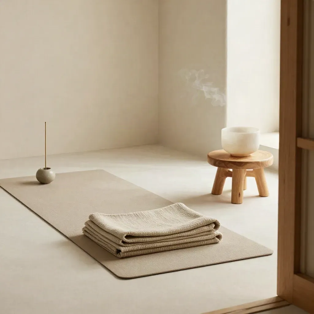 Calm practice corner with mat, folded blanket, chime, tea cup and stool
